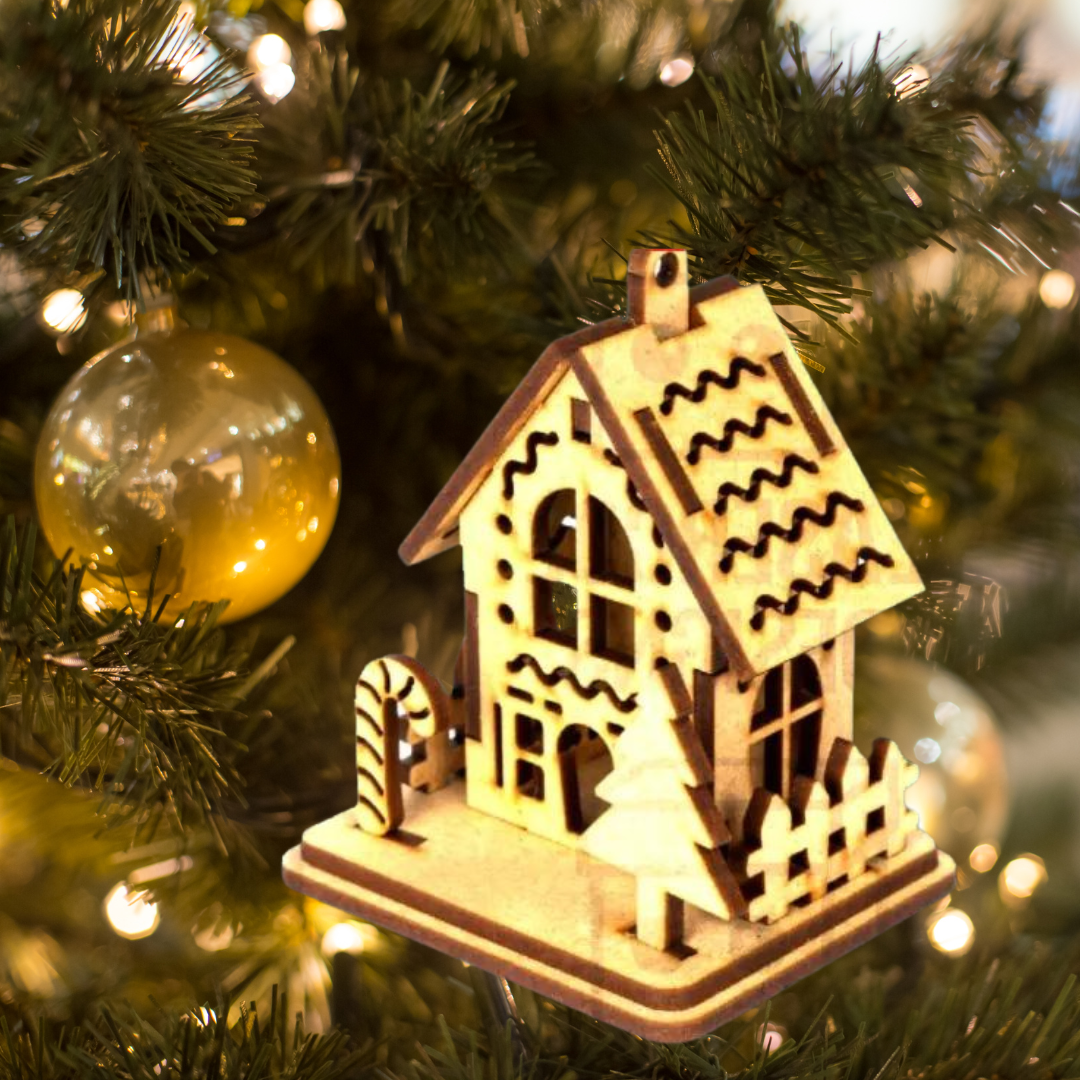 Decorazione di natale in legno di betulla taglio laser casetta bastoncino di zucchero e albero