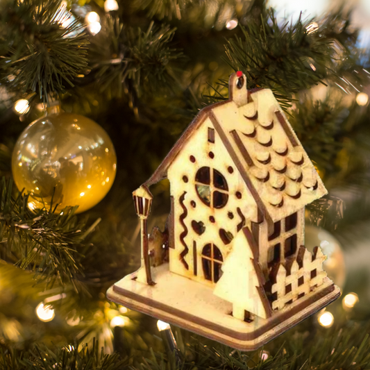 Decorazione di natale in legno di betulla  taglio laser casetta lampione e albero
