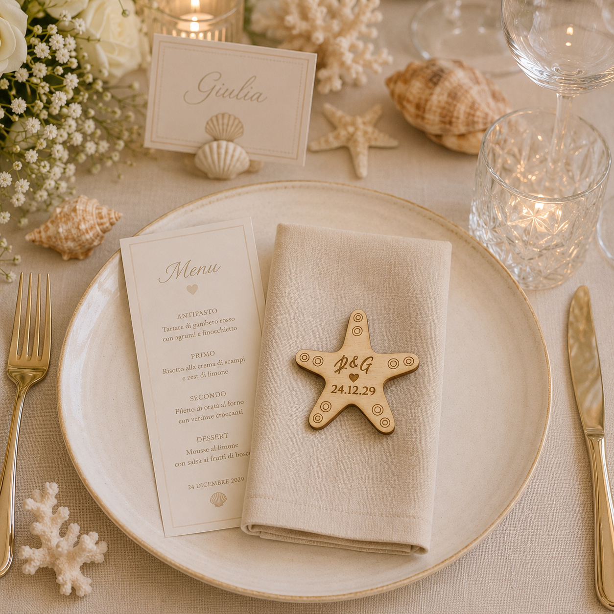 Segnaposto Personalizzato in Legno – Tema Mare per Matrimonio, Battesimo e Comunione