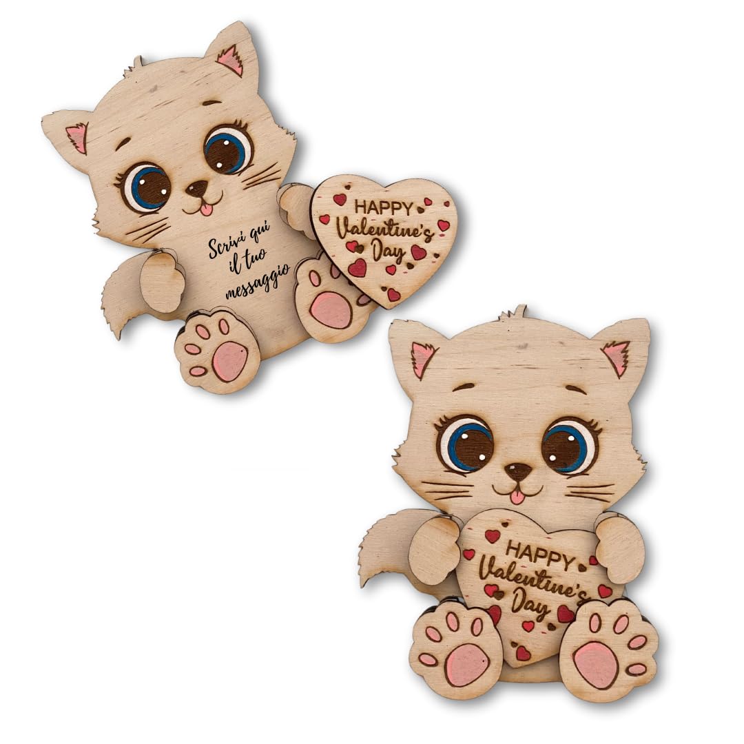 Amorino - gattino in legno di betulla porta messaggio regalo san Valentino , regalo compleanno , regalo natale ,messaggio personalizzato.