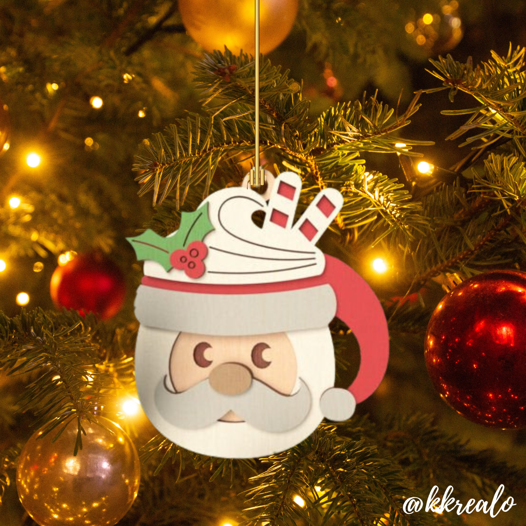 Decorazione di natale in legno di betulla taglio laser - Tazza babbo natale