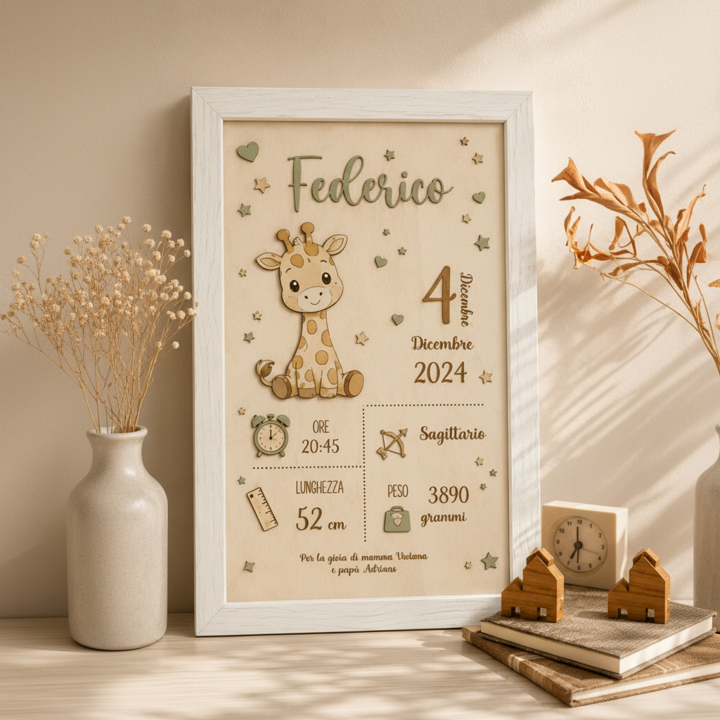 Quadretto nascita personalizzato in legno taglio laser | personalizzabile