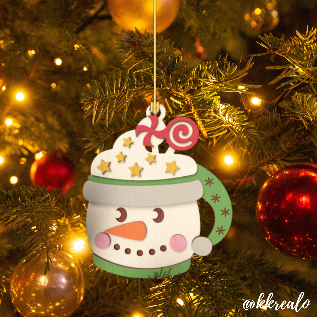 Decorazione di natale in legno di betulla taglio laser - Tazza pupazzo di neve