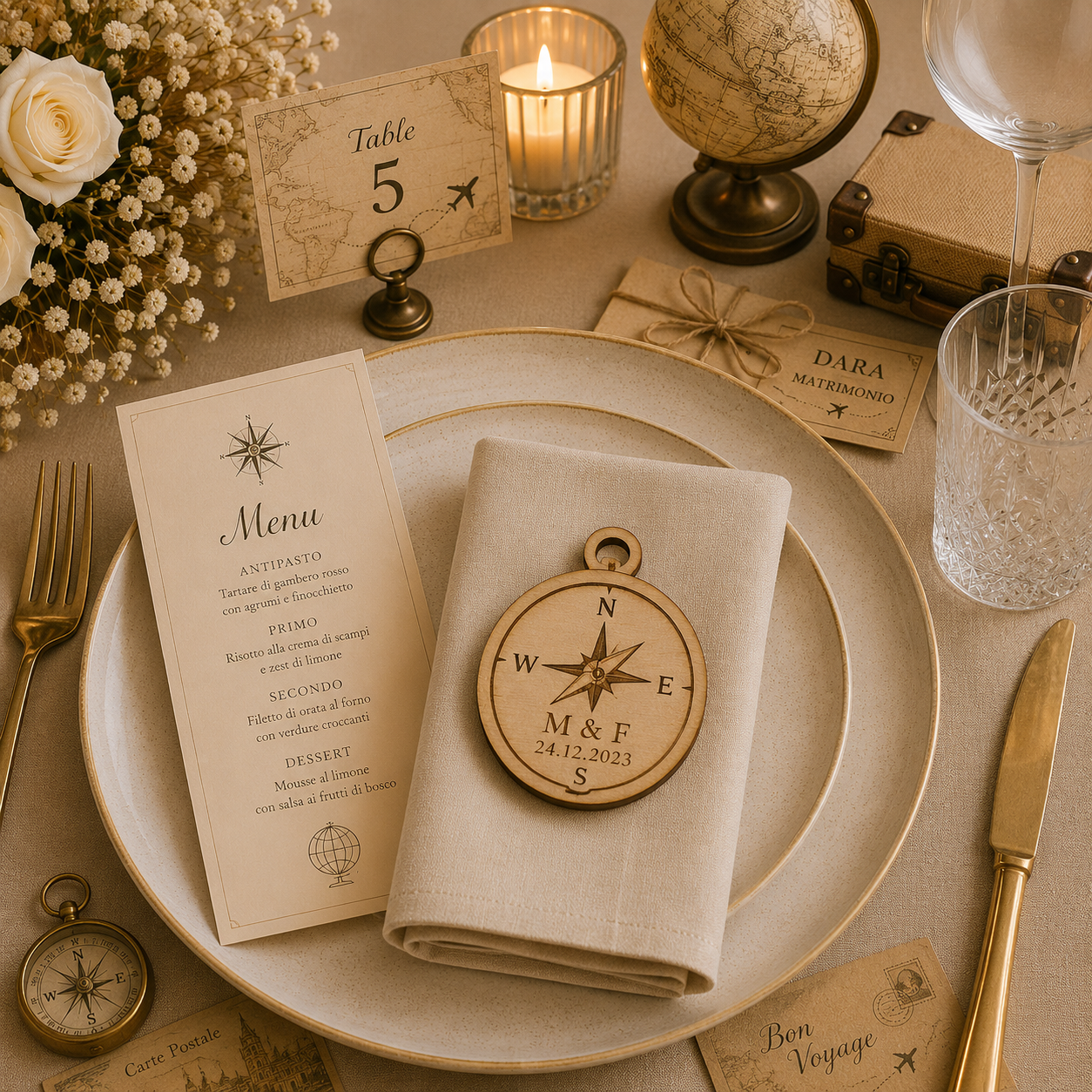Segnaposto Personalizzato in Legno – Tema viaggi per Matrimonio, Battesimo e Comunione