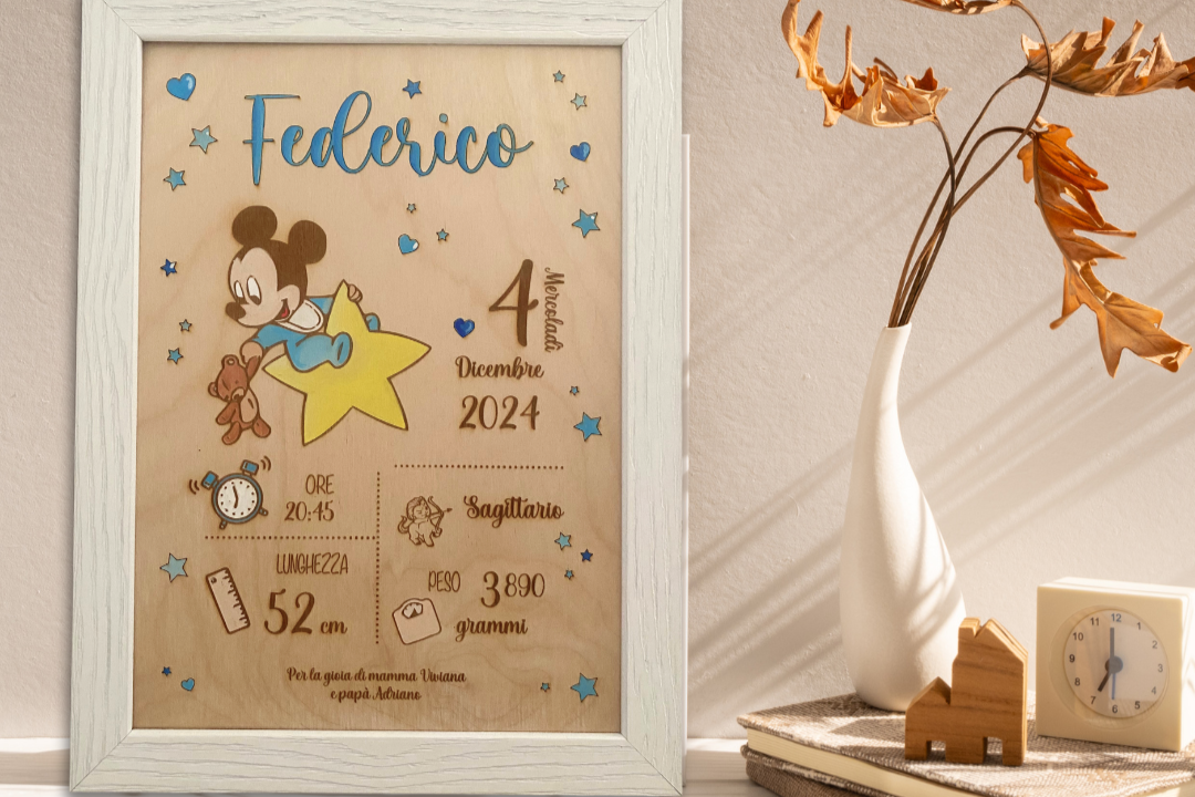 Quadretto nascita in legno taglio laser - personalizzabile