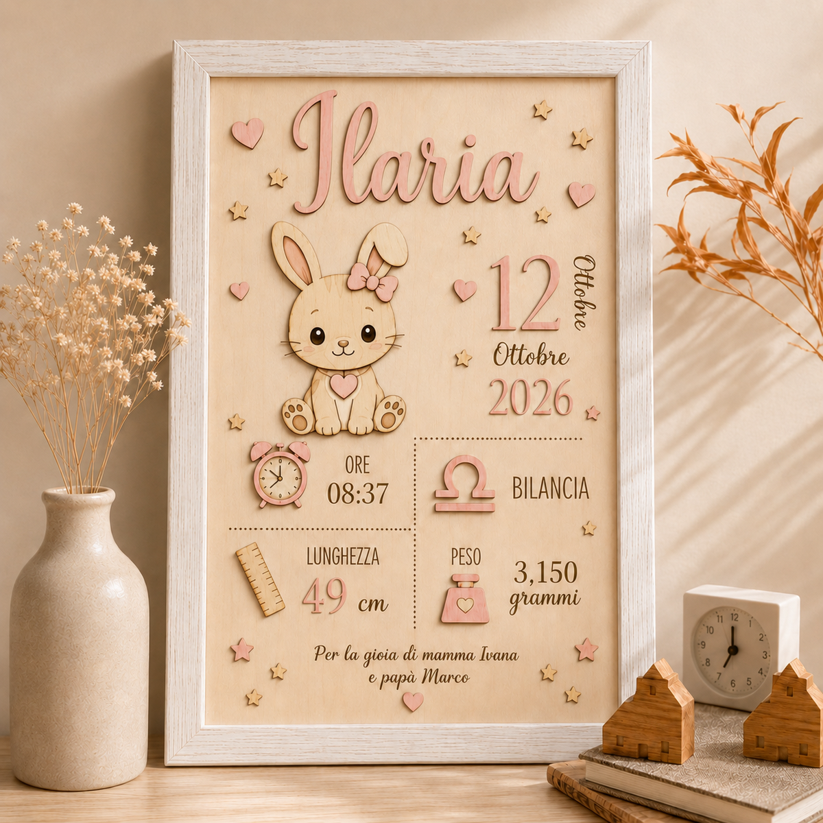 Quadretto nascita personalizzato in legno taglio laser | personalizzabile