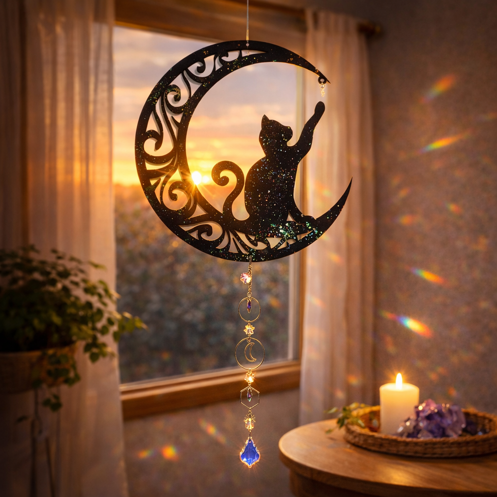 Decorazione cattura sole con cristalli di luce mod. Gatto sulla luna