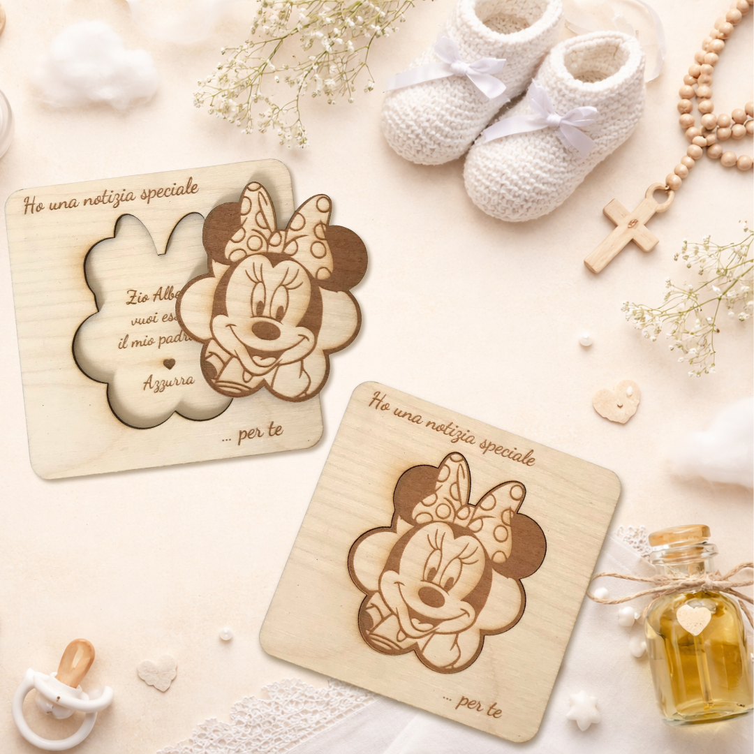 Quadretto proposta padrino, madrina in legno betulla a tema minnie personalizzabile - frase e personaggio Proposta battesimo