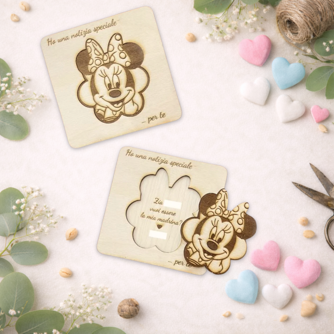 Quadretto proposta padrino, madrina in legno betulla a tema minnie personalizzabile - frase e personaggio Proposta battesimo