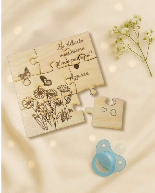 Puzzle proposta padrino, madrina in legno betulla a tema floreale - personalizzabile frase e personaggio