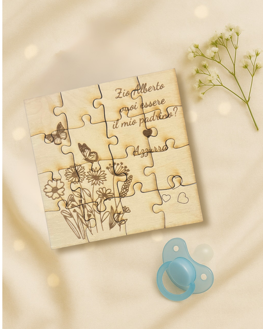 Puzzle proposta padrino, madrina in legno betulla a tema floreale - personalizzabile frase e personaggio
