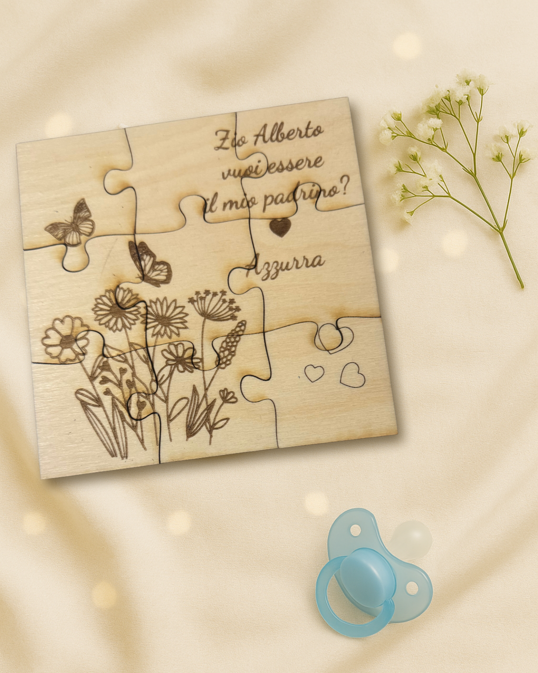 Puzzle proposta padrino, madrina in legno betulla a tema floreale - personalizzabile frase e personaggio