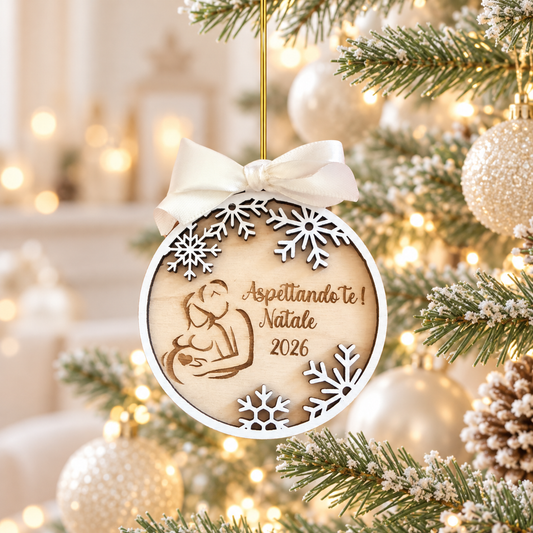 Pallina di natale in legno di betulla taglio laser - Aspettando te - personalizzabile