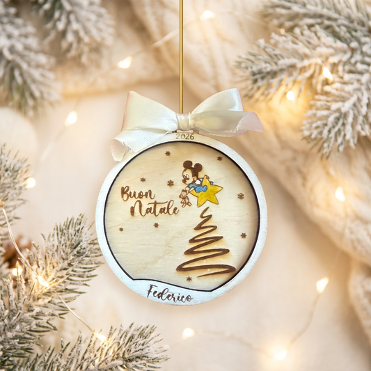 Pallina di natale in legno di betulla taglio laser - buon natale con personaggio - personalizzabile