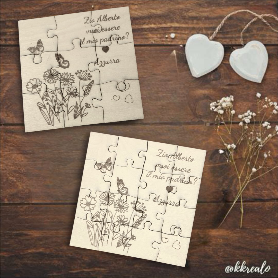 Puzzle proposta padrino, madrina in legno betulla a tema floreale - personalizzabile