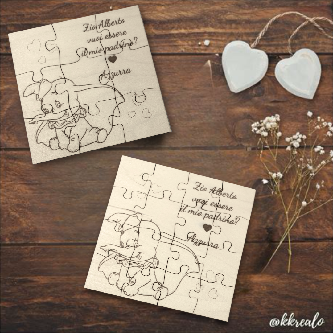 Puzzle proposta padrino, madrina in legno betulla a tema dumbo - personalizzabile