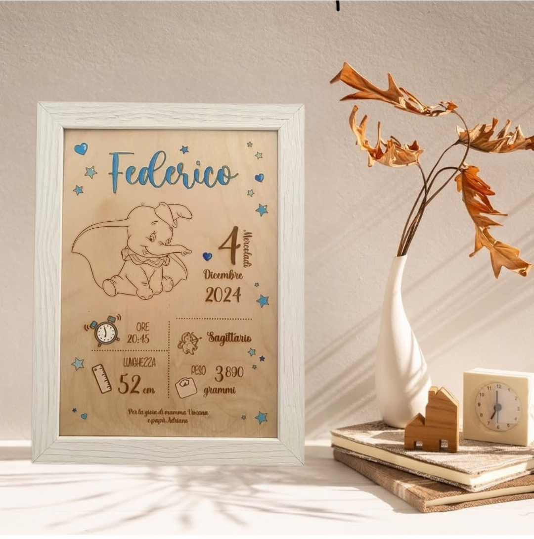 Quadretto nascita in legno taglio laser - Dumbo - personalizzabile