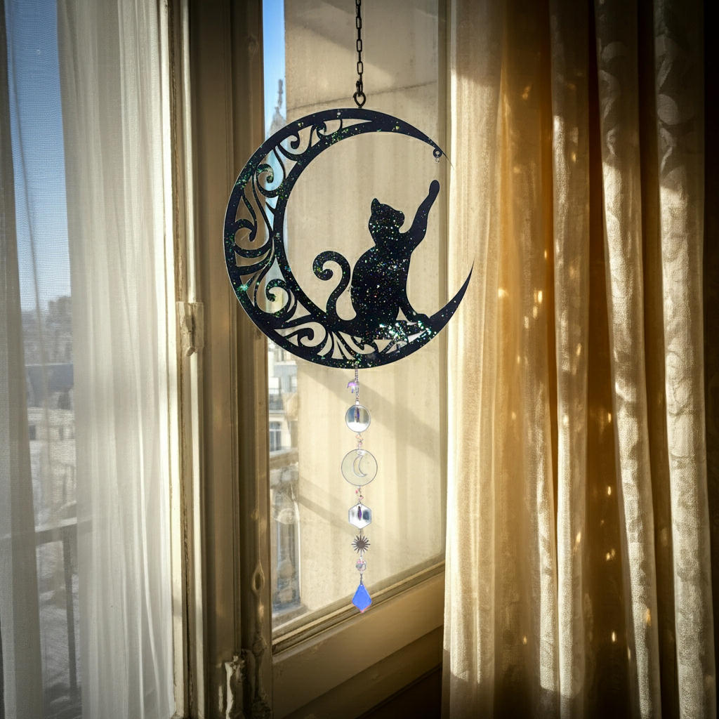Decorazione cattura sole con cristalli di luce mod. Gatto sulla luna
