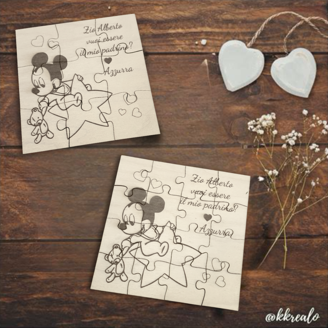 Puzzle proposta padrino, madrina in legno betulla a tema Topolino - personalizzabile