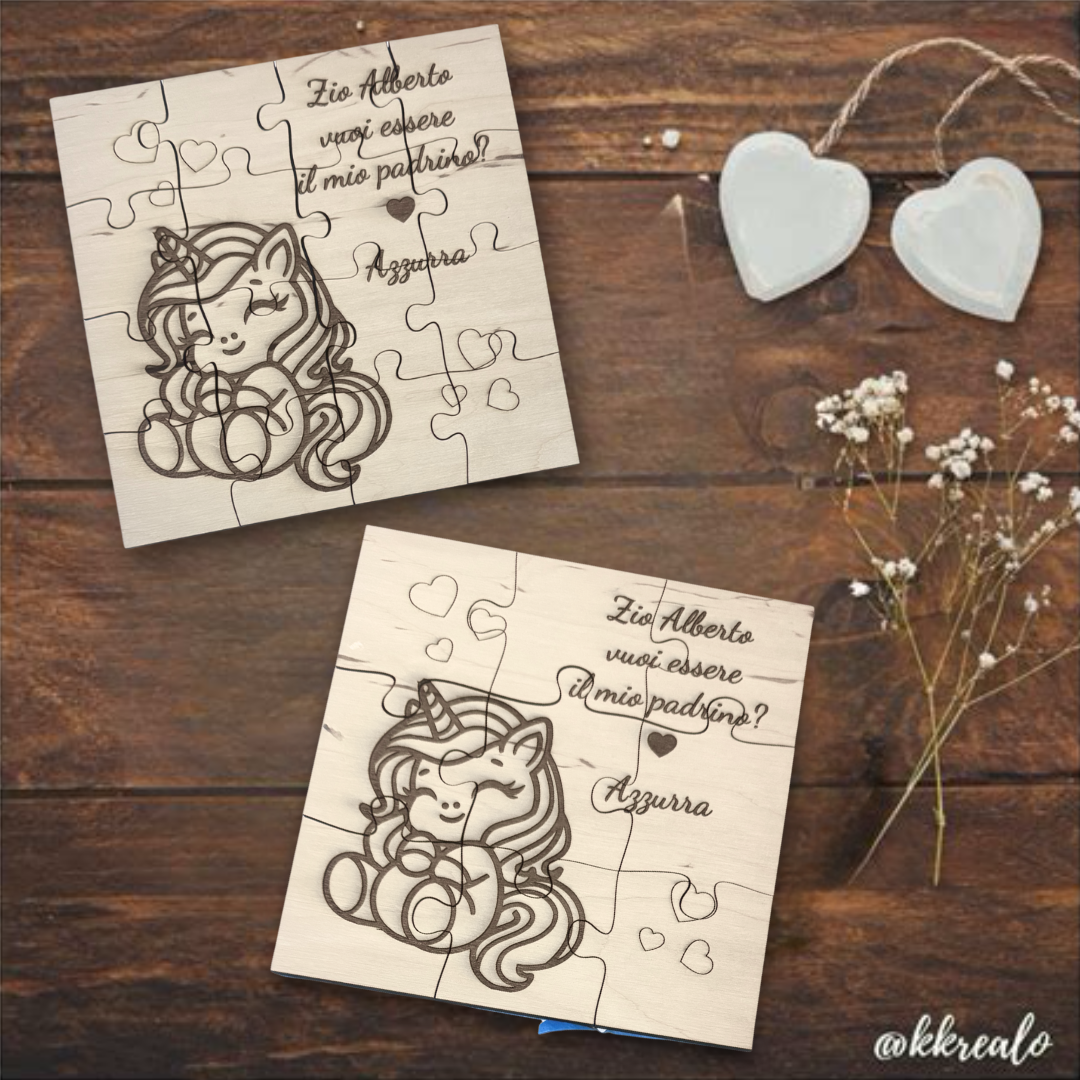 Puzzle proposta padrino, madrina in legno betulla a tema unicorno - personalizzabile