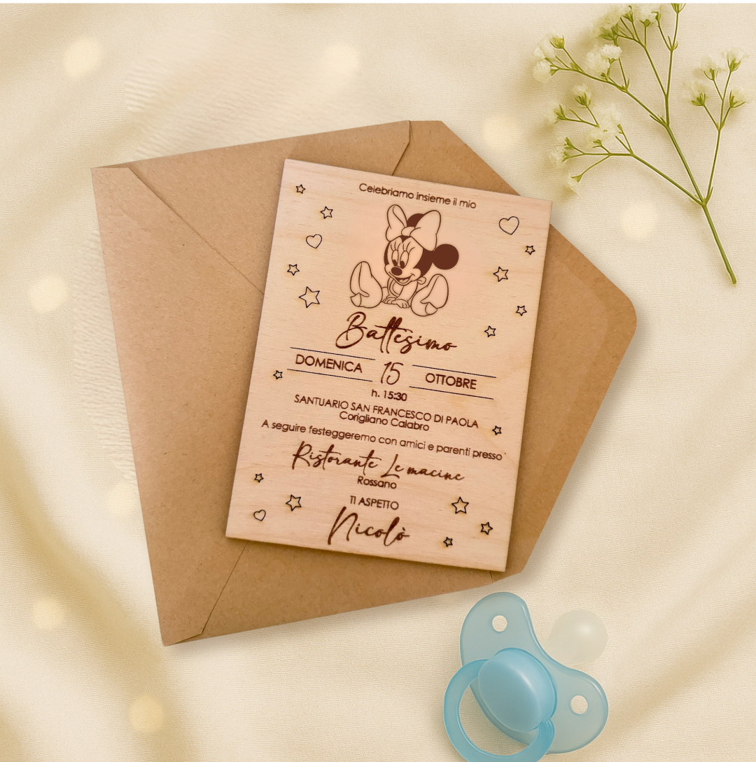 Invito battesimo in legno taglio laser - Minnie - personalizzabile