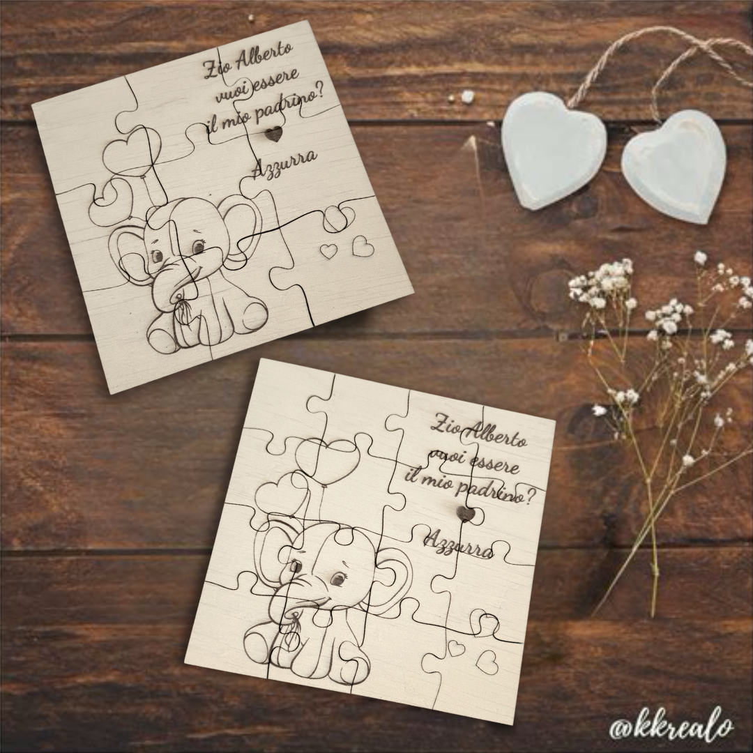 Puzzle proposta padrino, madrina in legno betulla a tema elefantino - personalizzabile