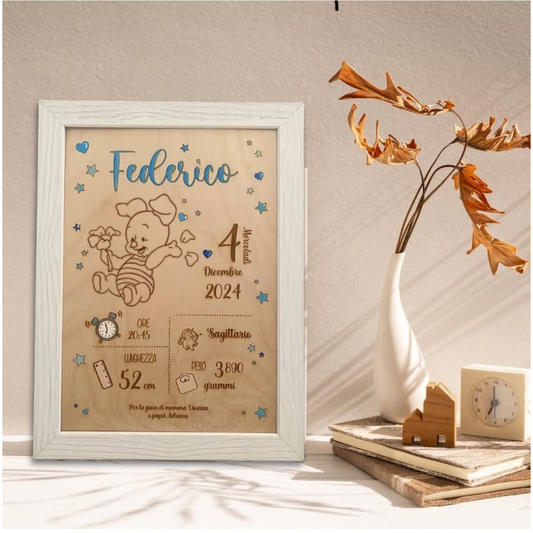 Quadretto nascita in legno taglio laser - Pimpi - personalizzabile