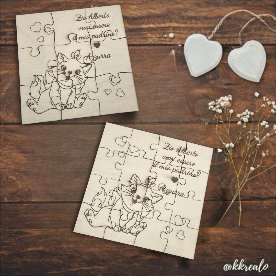 Puzzle proposta padrino, madrina in legno betulla a tema minu - personalizzabile