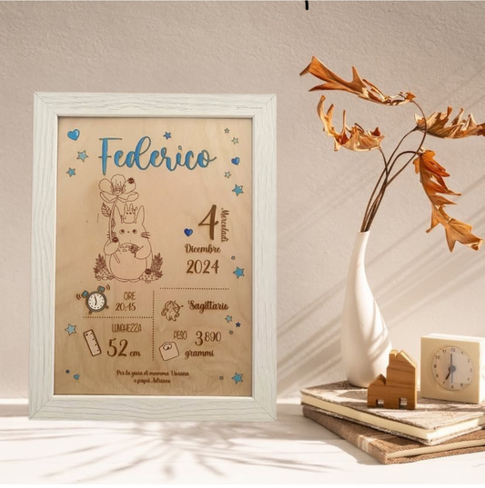 Quadretto nascita in legno taglio laser - totoro - personalizzabile