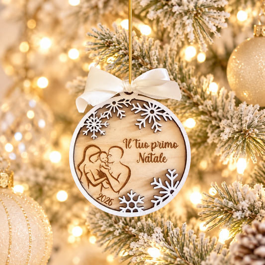 Pallina di natale in legno di betulla taglio laser - il tuo primo natale - personalizzabile