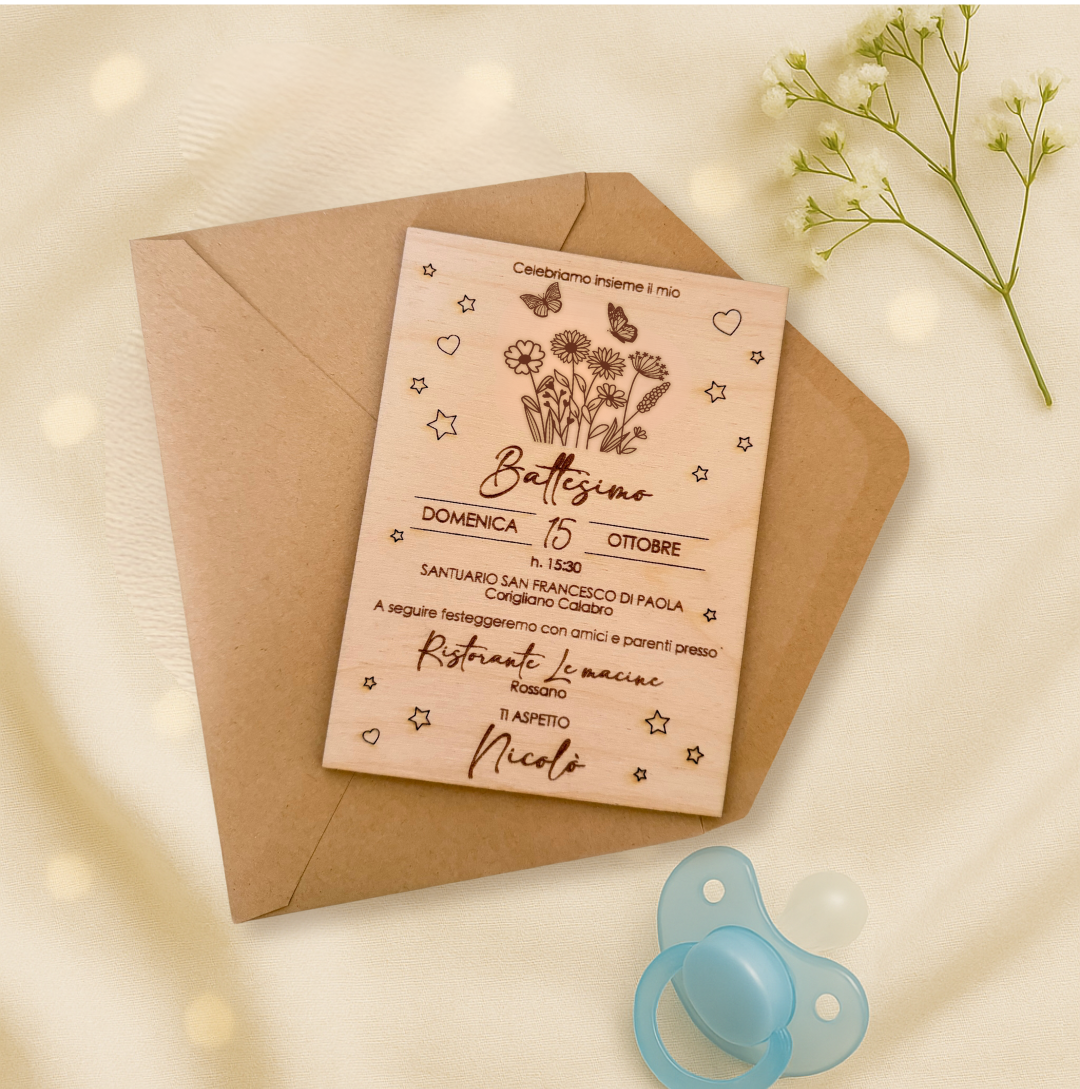 Invito battesimo in legno taglio laser - fiori - personalizzabile