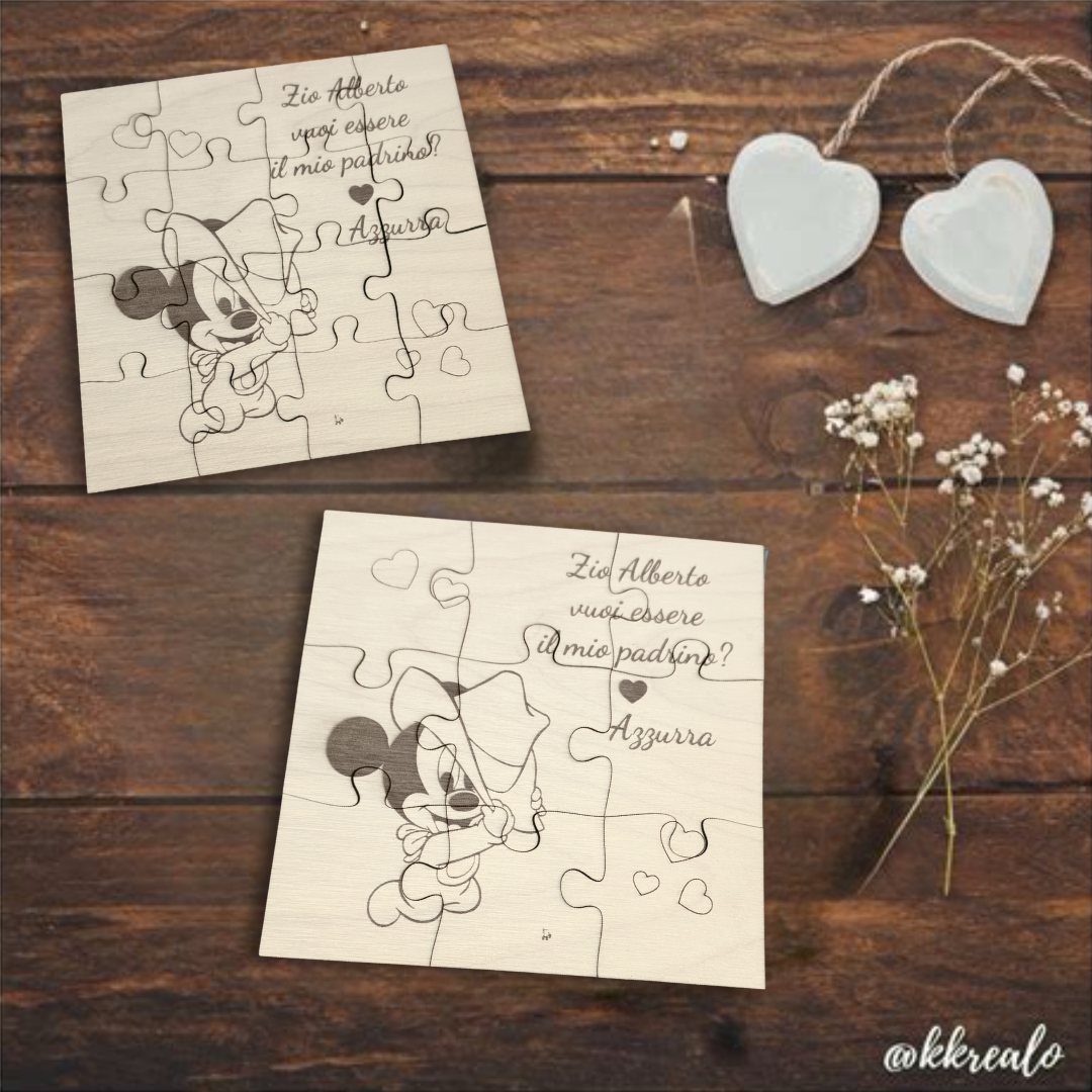 Puzzle proposta padrino, madrina in legno betulla a tema Topolino - personalizzabile