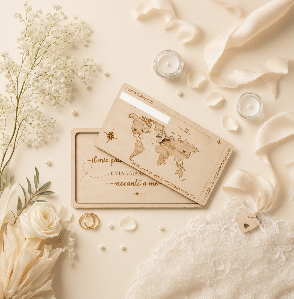 Partecipazione Matrimonio in Legno Personalizzata – Carta d’Imbarco