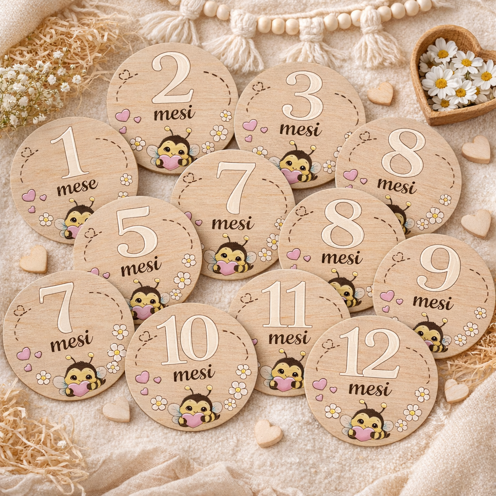 Set milestone neonato in legno  – 16 dischi mesi + momenti bambino, baby milestone cards, regalo nascita personalizzato