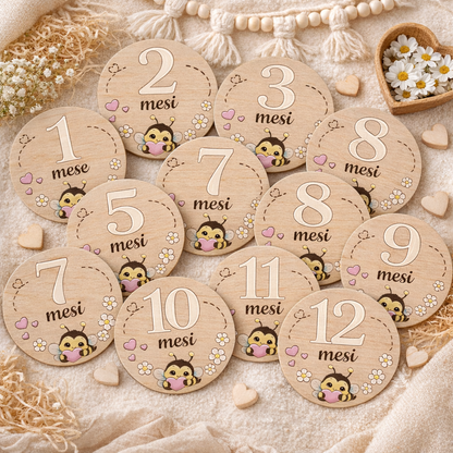 Set milestone neonato in legno  – 16 dischi mesi + momenti bambino, baby milestone cards, regalo nascita personalizzato