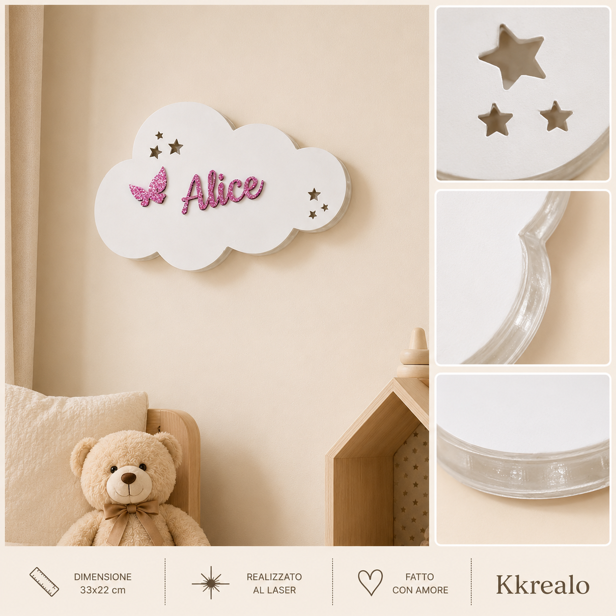 Lampada cameretta Nuvoletta luminosa personalizzata con nome | Due dimensioni disponibili