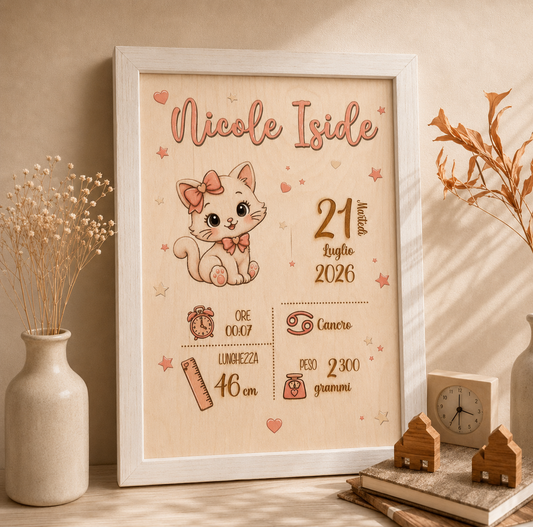 Quadretto nascita personalizzato con animaletti pucciosi in legno taglio laser