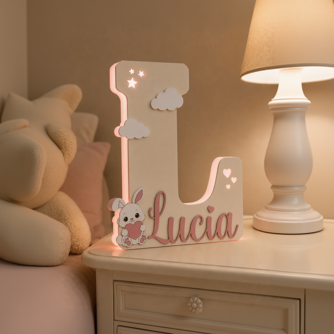 Lampada LED Personalizzata con Iniziale e Nome | Luce Notturna per Cameretta Bambina