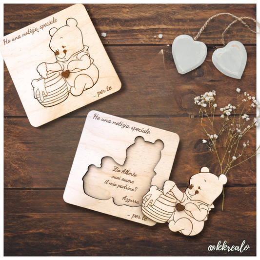 Quadretto proposta padrino, madrina in legno betulla a tema Winnie the Pooh- personalizzabile frase e personaggio Proposta battesimo