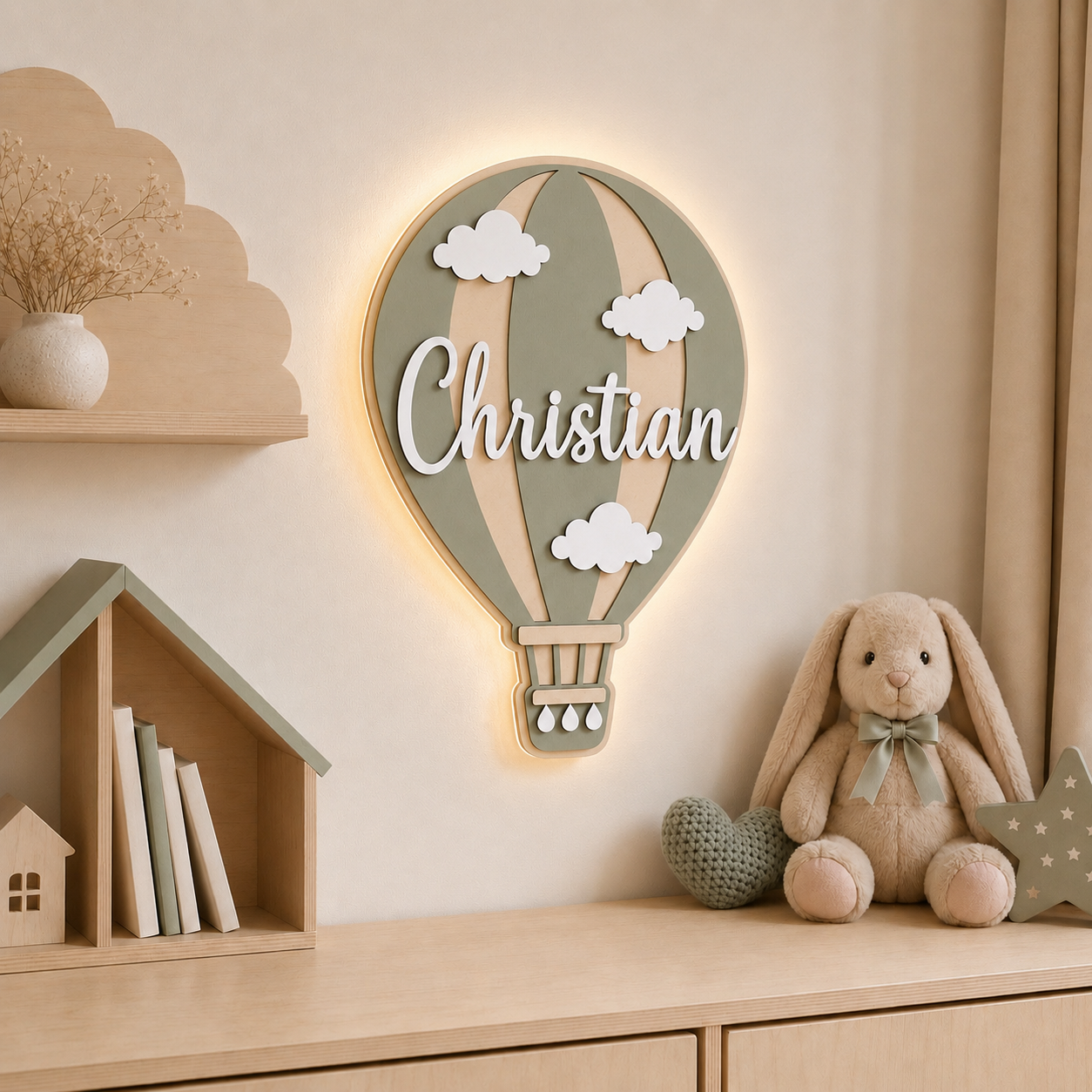 Lampada da parete Mongolfiera Nascita personalizzata in legno | personalizzabile