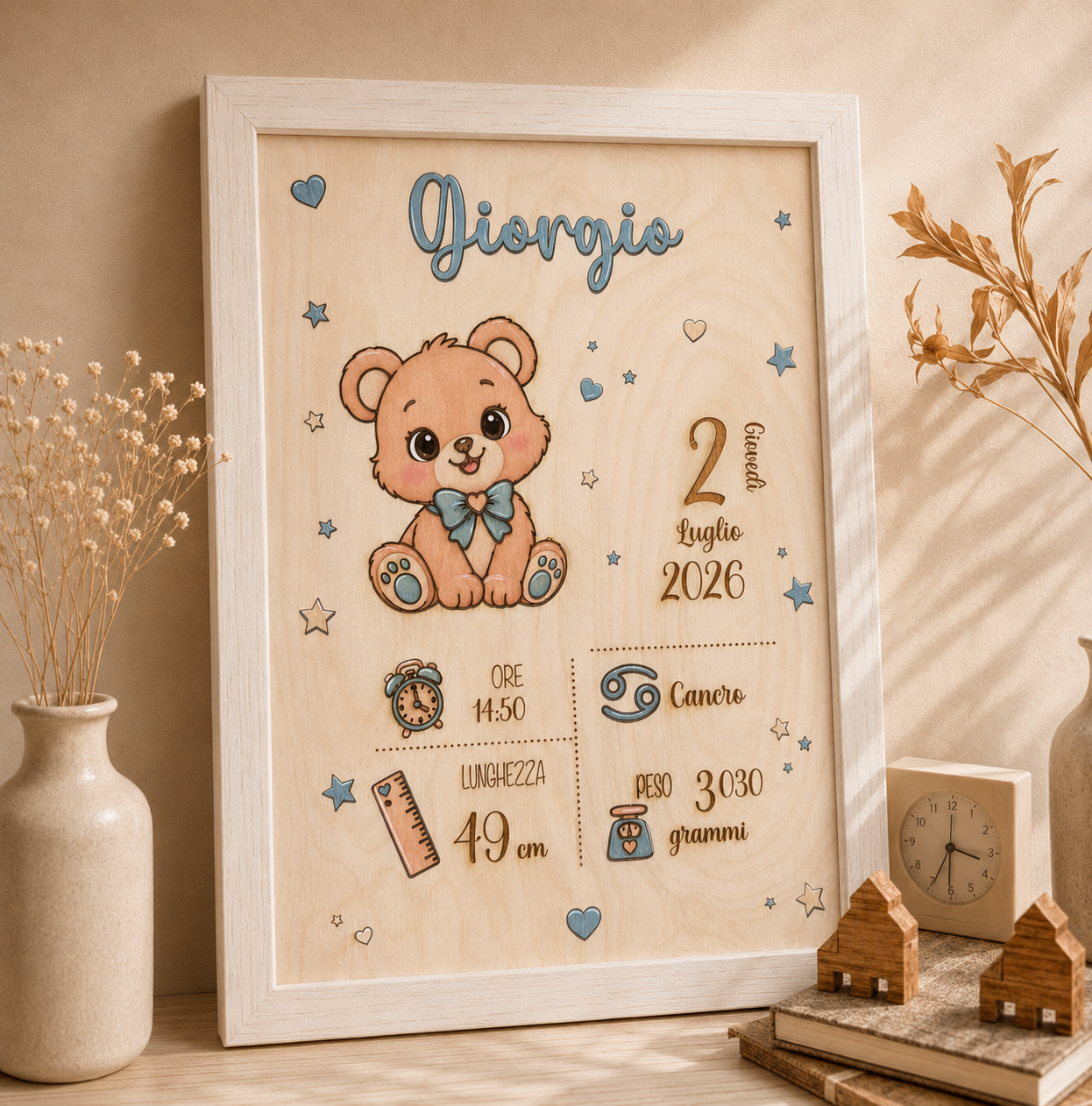 Quadretto nascita personalizzato con animaletti pucciosi in legno taglio laser
