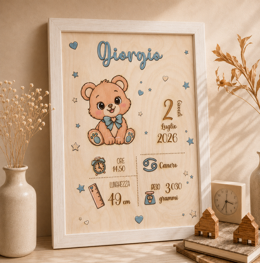 Quadretto nascita personalizzato con animaletti pucciosi in legno taglio laser