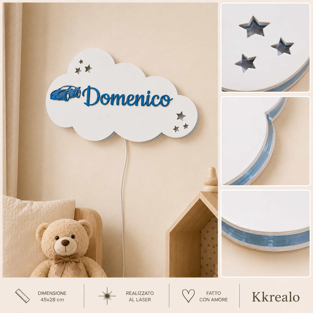Lampada cameretta Nuvoletta luminosa personalizzata con nome | Due dimensioni disponibili