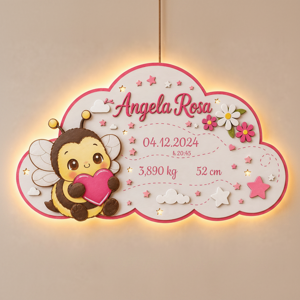 Quadretto /Nuvoletta nascita in legno taglio laser -  personalizzabile illuminato