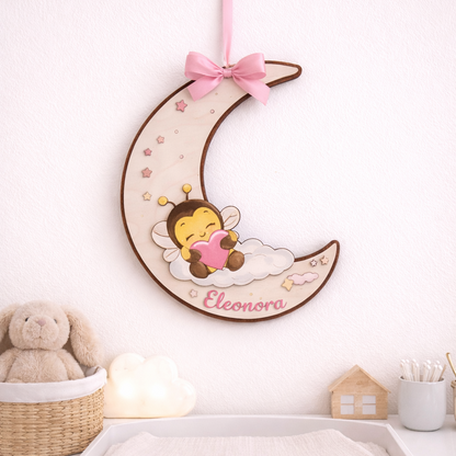 Fiocco nascita / decorazione cameretta ape con luna - personalizzabile