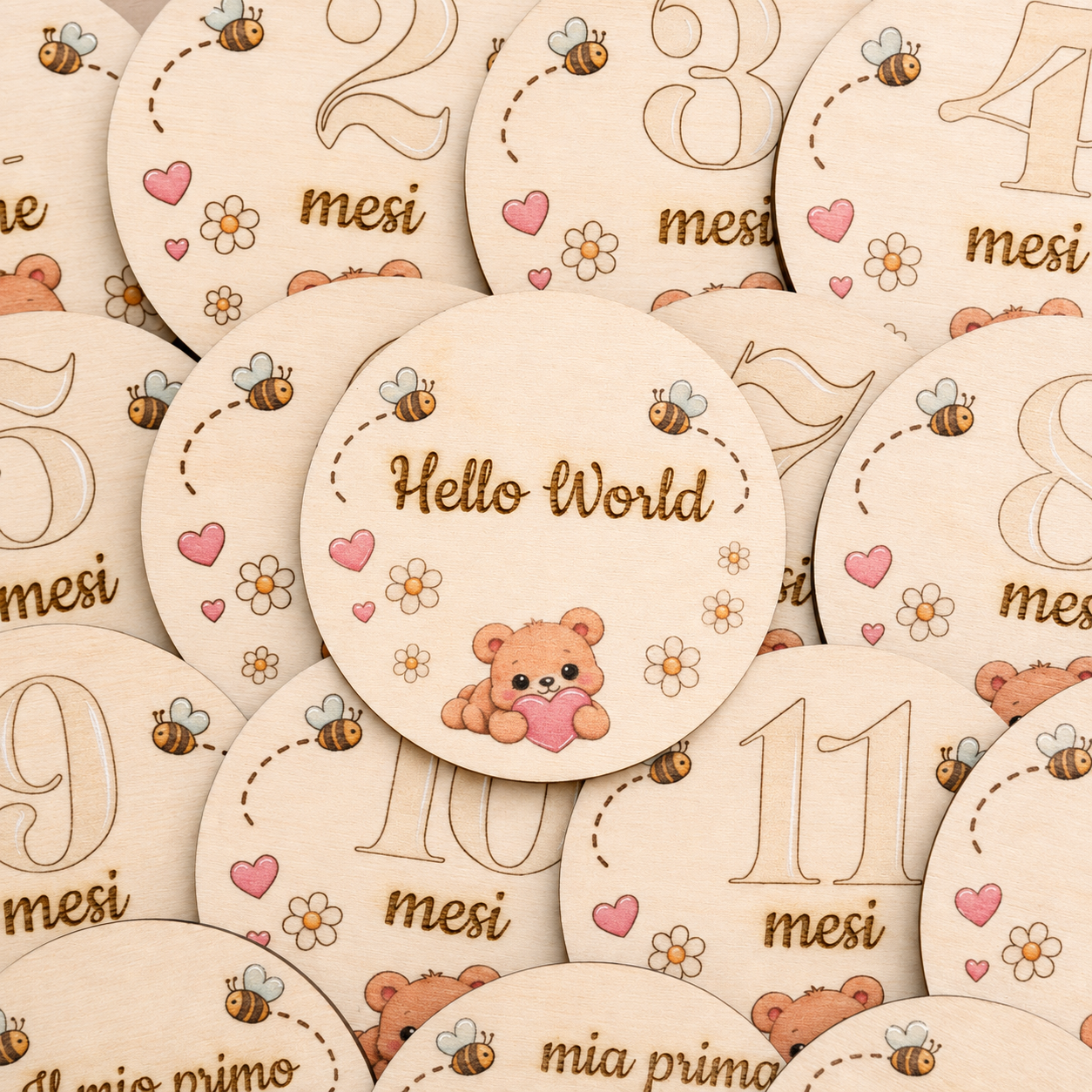 Set milestone neonato in legno  – 16 dischi mesi + momenti bambino, baby milestone cards, regalo nascita personalizzato