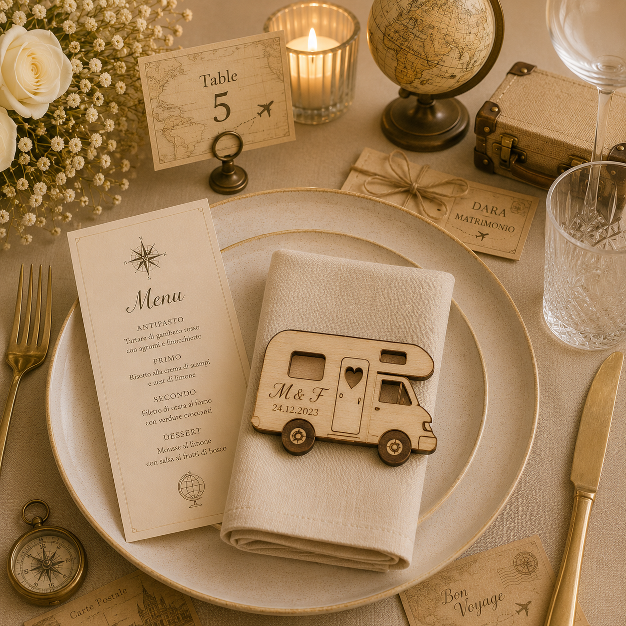 Segnaposto Personalizzato in Legno – Tema viaggi per Matrimonio, Battesimo e Comunione
