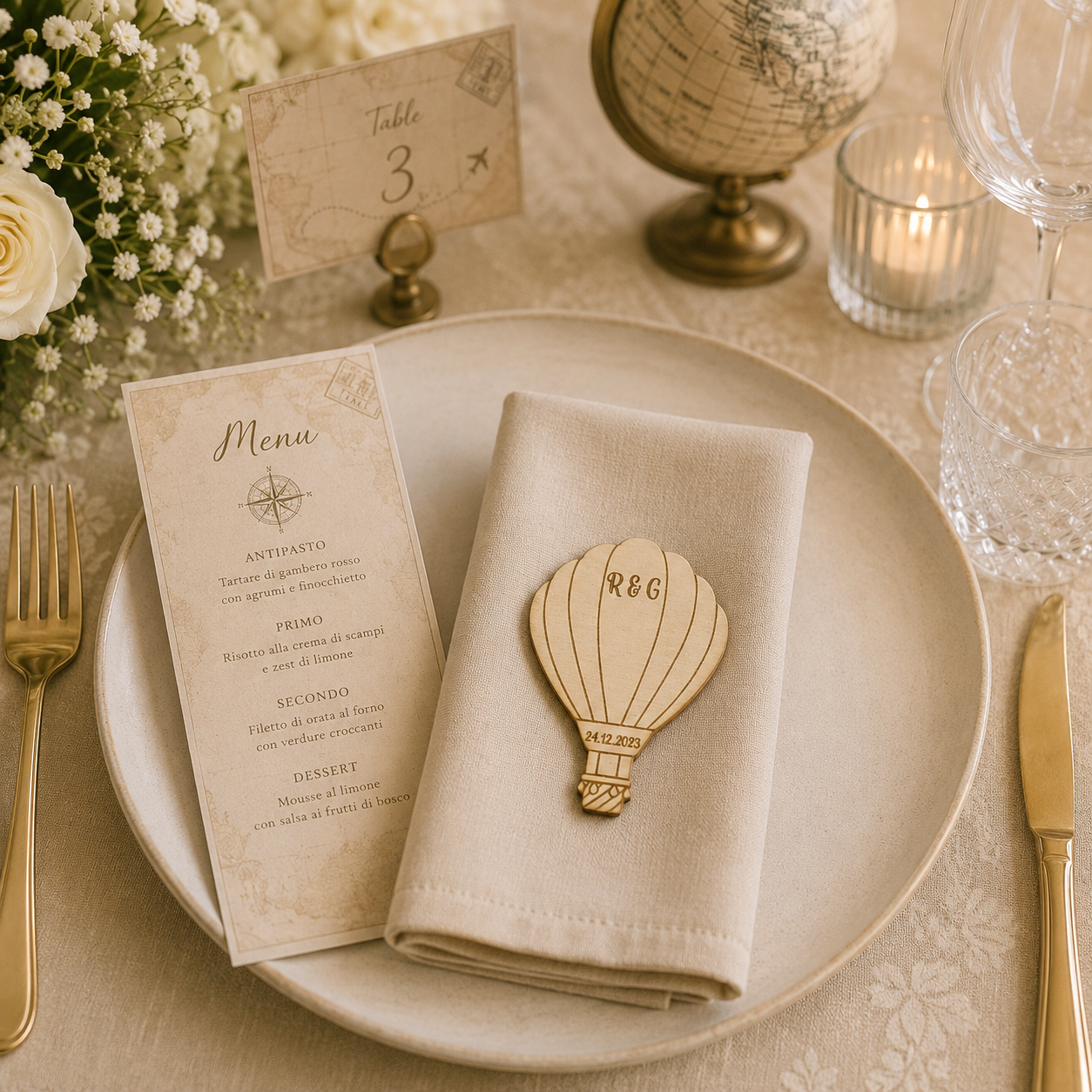 Segnaposto Personalizzato in Legno – Tema viaggi per Matrimonio, Battesimo e Comunione