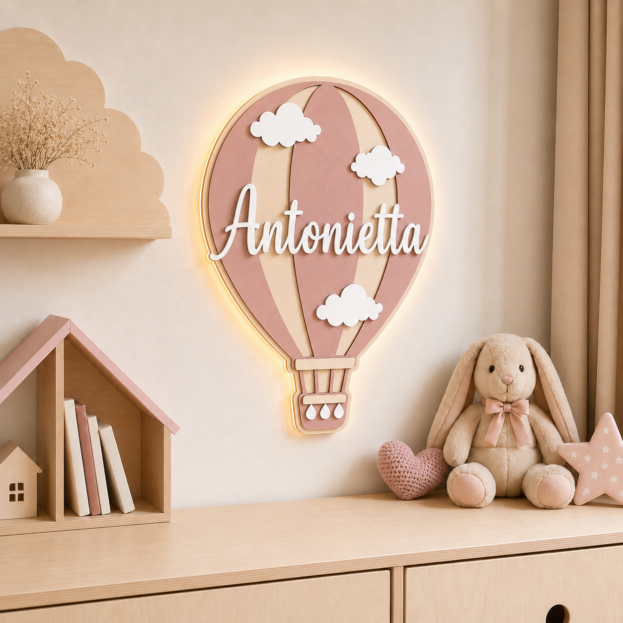 Lampada da parete Mongolfiera Nascita personalizzata in legno | personalizzabile
