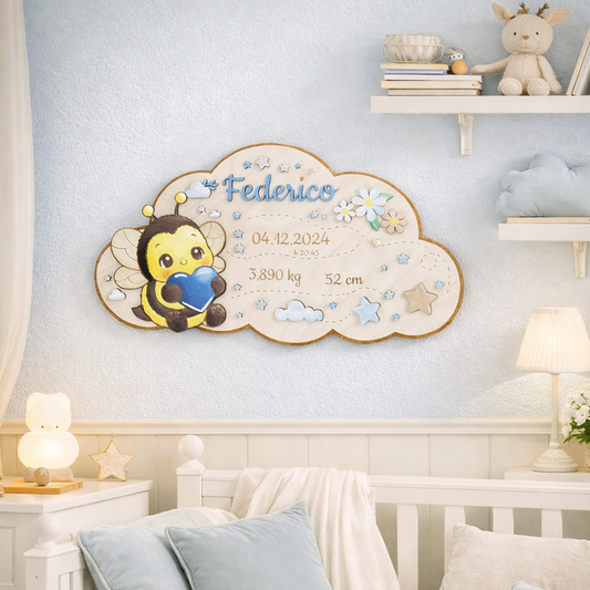 Quadretto /Nuvoletta nascita in legno taglio laser -  personalizzabile